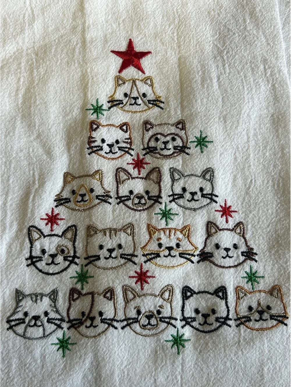 Set of 2 White Kitchen Towels with Embroidered Cat Christmas Tree Design